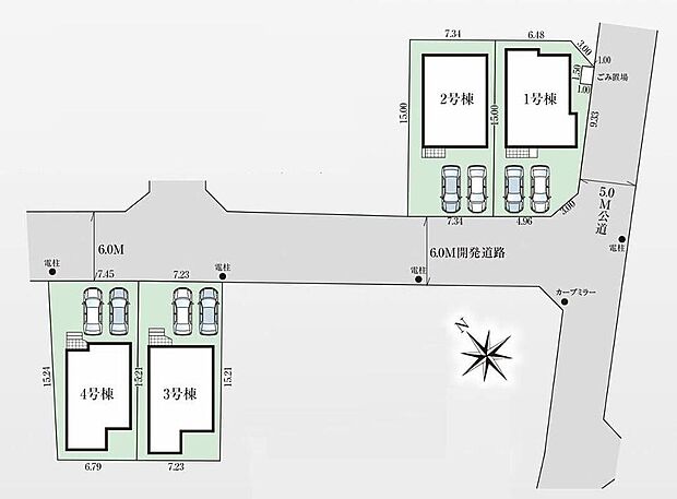 前面6m道路に面した開放的なお住まい☆
お車を停める駐車スペースは各棟2台ずつご用意しました♪(車種によります)