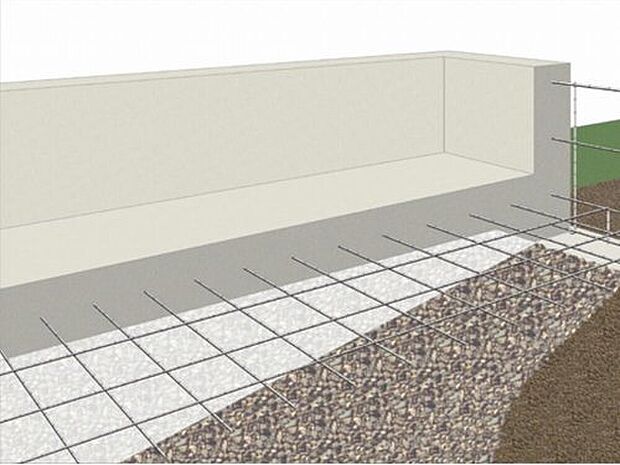 【安心を支える「鉄筋入りコンクリートベタ基礎」】ベタ基礎は地面全体を基礎で覆うため、建物の加重を分散して地面に伝えることができ、不同沈下に対する耐久性や耐震性を向上することができます。