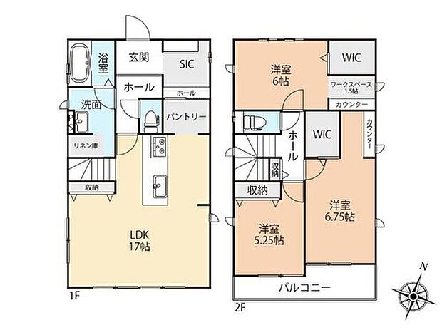 【3LDK】17帖の広々としたリビングには、カウンターキッチンとパントリーを完備☆
2階に3部屋がまとまっており、家族団欒の空間とプライベート空間の両立がしやすいです♪