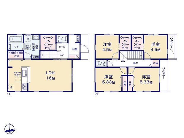 【4LDK】たっぷり収納可能な3つのWIC完備☆1階のWICは、2WAY仕様で洗面室へと続く間取りなので、帰宅後に上着・荷物を置く動線であったり、洗濯乾燥したお洋服をすぐに収納出来たりと、大変便利です◎