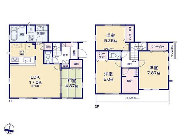 【4LDK+S】水回り集中設計で家事効率もアップ！
キッチン近くの収納は、日用品のストック場所としても便利☆
納戸には、可動棚付きで収納力もバツグンです！冬物のお洋服・思い出の品もスッキリ♪