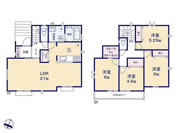 【4LDK】開放感のある21帖のLDK!パントリーや、水回り集中設計を採用し、家事もスムーズに行える間取りです◎
2階には4部屋を配し、ご家族それぞれがゆったりとお寛ぎ頂ける空間を確保しました♪
