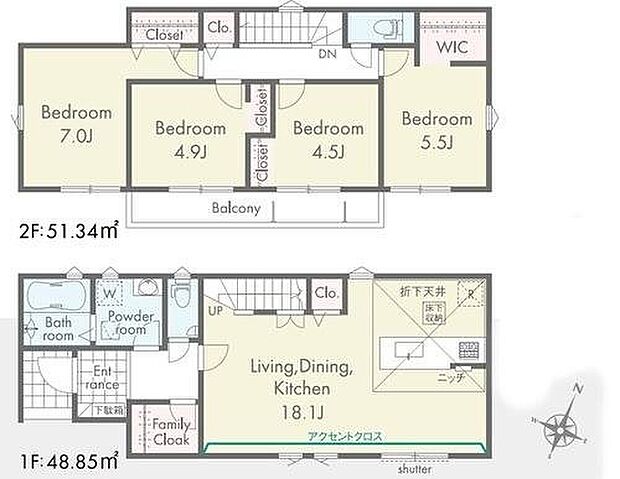 【4LDK】家族のコミュニケーションを重視した対面式キッチン・リビングイン階段プランです☆
収納力が嬉しいWICやファミリークローク☆掃除機をそのまま持ち込めるので大掃除もらくちん!