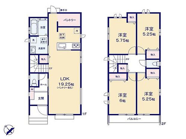 【4LDK】キッチンには勝手口付きの大容量パントリー♪
食材やキッチン家電をたっぷり収納◎
忙しい朝もスムーズな家事動線の水回り集約設計です。
家族が自然と顔を会わせるリビングイン階段を採用☆
