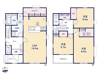 大型パントリーを採用したお住まい☆
食料品の他、普段使わない調理家電や、リビングで使う細かい物もたっぷり収納出来ます◎8.6帖の主寝室にはWIC！お洋服もたっぷり収納可能です♪ 