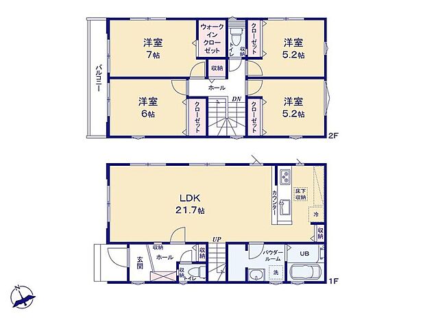 【4LDK】ひろびろ21.7帖のLDK!キッチンからはリビング全体を見渡せる間取り♪ホームパーティーも楽しめそうですね♪
主寝室にはWIC付き☆家族の冬物のお洋服をまとめて収納するのにも便利です◎