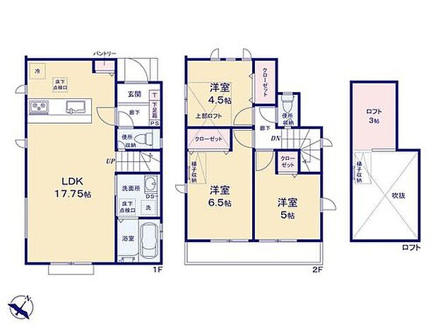 【3LDK】家族のコミュニケーション深まるリビングイン階段♪
3帖のロフトには、クリスマスツリー等の雑貨や、季節物の家電、置き場に困りがちなアウトドア用品の収納場所としてもオススメです◎