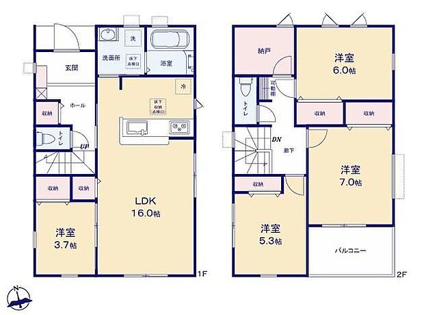 【4LDK+S】◇リビングと洋室の間の引き戸を開ければ20帖超えの大空間が広がります♪◇「納戸は」収納としてはもちろんリモートワークなどでも活躍しそうですね！◇家事効率の良い水回り集中プラン♪