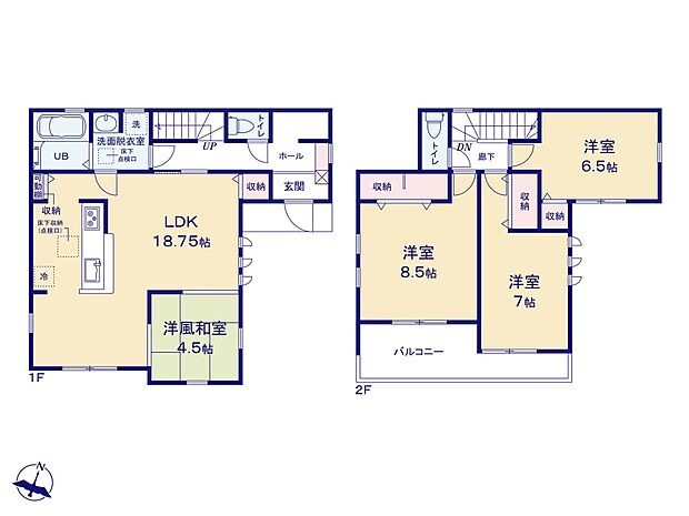 【4LDK】キッチンは回遊できる間取りで、移動の際もスムーズです◎
また、水回りはまとまった間取りで家事効率もアップ☆
和室は、家族の憩いの場として、お昼寝・読書をするスペースとしても良いですね♪