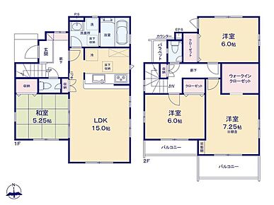 洋風フチ無し畳のある和室を備えた4LDKのプラン☆折り上げ天井で解放感がUPしたLDKは通風・採光に配慮した二面採光です！2階主寝室に備えられた「WIC」はたっぷり収納可能なサイズ♪ 
