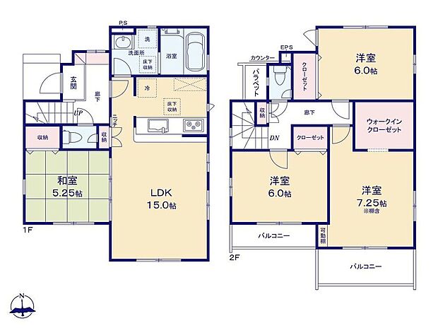【4LDK】洋風フチ無し畳のある和室を備えた4LDKのプラン☆折り上げ天井で解放感がUPしたLDKは通風・採光に配慮した二面採光です！2階主寝室に備えられた「WIC」はたっぷり収納可能なサイズ♪