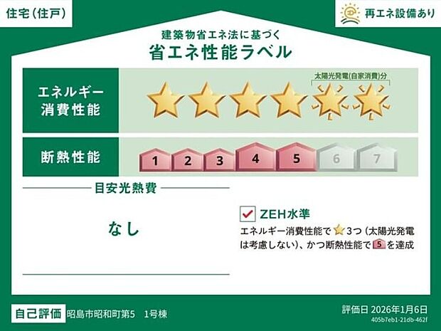 【【省エネ性能ラベル】】こちらの物件はZEH水準を満たした、省エネ性能に優れた物件です。 光熱費を抑えて暮らすことができるだけでなく、「熱の入りにくさ・逃げにくさ」という観点でも影響を受けにくい建物のため、長く快適にお過ごしいただけます♪ ※本ラベルは特定の住戸の性能を示すものであり、全ての住戸の性能を示すものではありません。