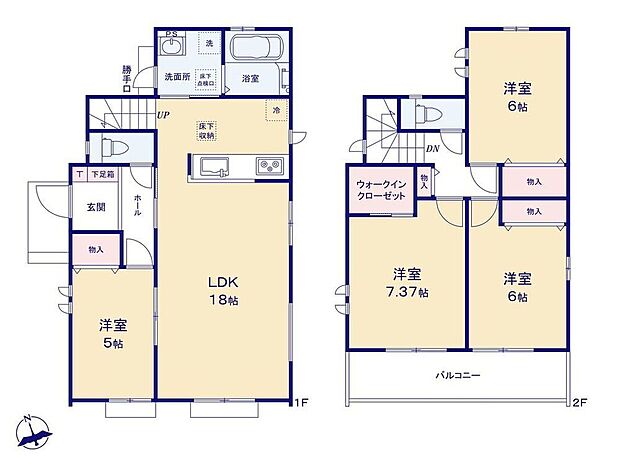 【4LDK】1階洋室は2WAY動線で客間にもオススメ♪収納スペース付きなので、来客用のお布団もしまっておけますね◎奥行のあるバルコニーは日当たりも良く、洗濯物もよく乾きます☆