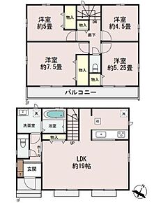 ひろびろ19帖のLDK☆あると嬉しいリビング収納付きです♪
リビングイン階段＆対面式キッチンの間取りで家族の会話も弾みそうですね◎
バルコニーには、洗濯物もたっぷり干すことが出来ます☆ 