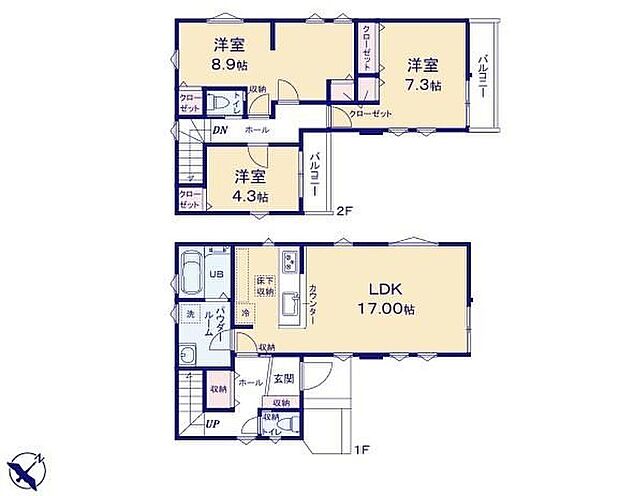 【3LDK】☆対面式キッチンからは、リビングにいるご家族の様子が一目で分かります☆家事を手助けする食洗機付システムキッチン採用☆洋室を2階に集約し、プライバシーにも配慮した間取りプラン