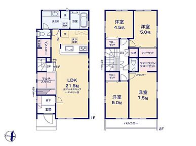 ひろびろ21.5帖のLDK♪マルチスキップはお子様の遊び場やワークスペースにもピッタリ◎水回り集中設計で家事効率もアップ♪パントリー、WIC完備で収納も充実しています☆ 