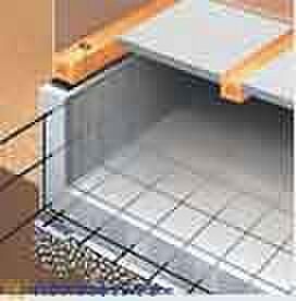 【構造・工法・仕様】べた基礎は立ち上がりと底面全体が一体の鉄筋コンクリート造となり、建物荷重を底面全体で地盤に伝えるため、基礎の一部だけが沈む「不同沈下」に対する有効な措置と言えます。また、基礎と土台をつなぐアンカーボルトは、大きな地震などにより建物が基礎から外れたり持ち上げられたりしないための役割があります。べた基礎は、建物下の地面をコンクリートで覆うので、地面からの湿気を防ぐ効果もあります。