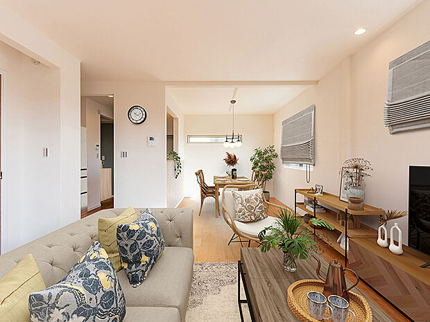 【-】漆喰の壁と天然木の床材を採用しました。漆喰の壁や天然木は光の反射がやわらかく、陽光溢れるリビングには好適です。さらに手触りや足ざわりも心地よく、五感が癒される住まいになっています。