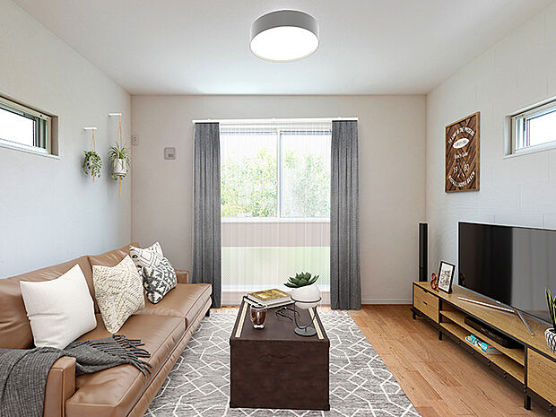 【リビング 1期現地写真+家具CG】窓の多い開放感のあるデザイン!家族が集まるリビングは陽当たりが良く居心地の良い場所になっています。風通しも良くやわらかな陽光が隅々まで届く、家族が健やかに過ごせる空間。