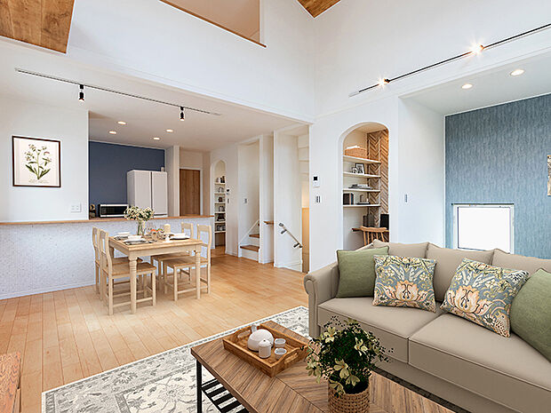 【TAKIHOUSE ダイニング(施工例)】ダイニングは家族がいっしょに過ごす大切な空間です。料理をしながら家族の顔が見えるカウンターキッチンとダイニング、そして天然木のぬくもりに包まれた明るいリビングが続く、家族のやさしい絆が深まります。