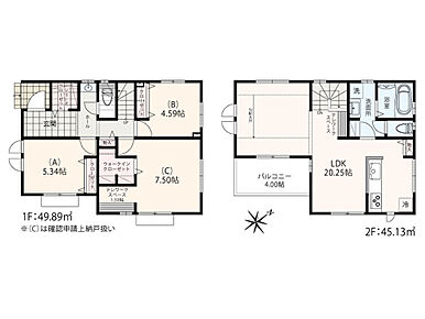 敷地面積：約38坪　　2階建
シューズクローゼット+ウォークインクローゼット＋テレワークスペース×２+手洗い洗面コーナー＋バルコニー4帖 