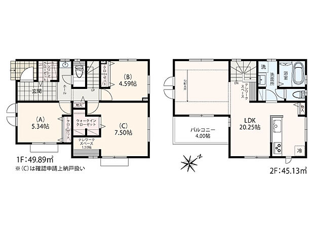 【2SLDK+WIC+SC】敷地面積:約38坪 2階建
シューズクローゼット+ウォークインクローゼット+テレワークスペース×2+手洗い洗面コーナー+バルコニー4帖