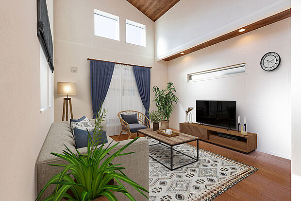 【-】ワンフロアを使ったLDK。窓の多いデザインです。2階にリビングを配置するメリットはたくさんあり、陽当たりのいい2階リビングは冬でも暖かく、1階と違いプライバシー性も高いため落ち着いて暮らせます。リビングイン階段を採用することで他の階との繋がりを感じることができ、家族全員が集まりやすい工夫がなされています。ドアの隔たりがないことも開放感を与えてくれます。キッチン壁面には小さなタイルを入れることで華やかになります。さりげないカフェ風インテリアは遊び心溢れるデザインでかわいいと評判です。