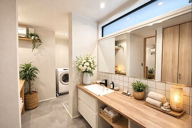 カウンター付き洗面(モデルハウス)身支度や家事に便利なカウンター付き洗面。朝の準備もゆったり行える快適な空間。