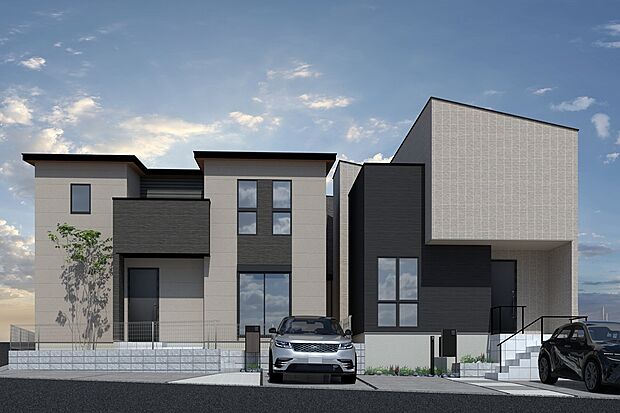 CGイメージパース/(右から)1号地、2号地外観パース(建物未完成のためイメージパースです)