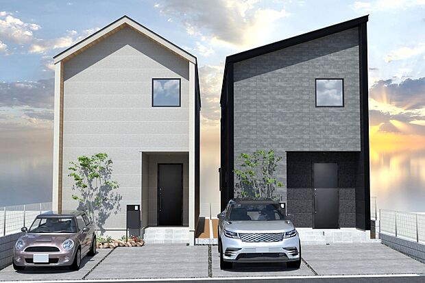 ■CGイメージパース/（左から）1号地、2号地外観パース■（建物未完成のためイメージパースです）