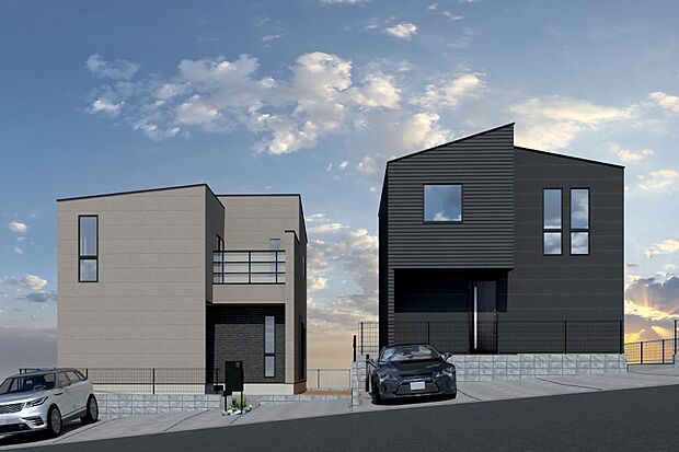 ■CGイメージパース/（右から）1号地、2号地外観パース■（建物未完成のためイメージパースです）