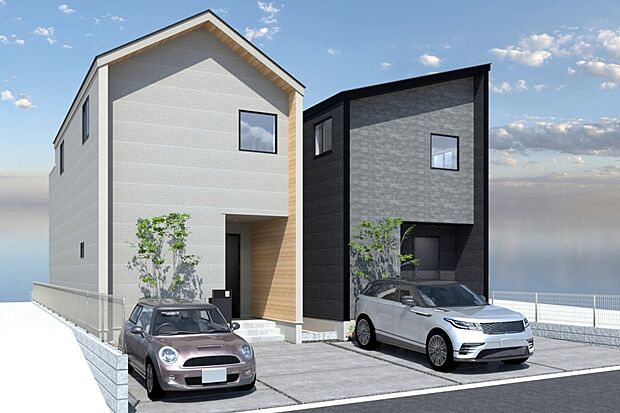 【■CGイメージパース/（左から）1号地、2号地外観パース■】（建物未完成のためイメージパースです）