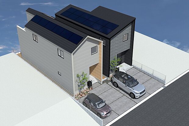 【■CGイメージパース/（左から）1号地、2号地外観パース■】（建物未完成のためイメージパースです）