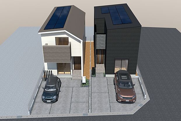 【■CGイメージパース/（右から）1号地、2号地外観パース■】（建物未完成のためイメージパースです）