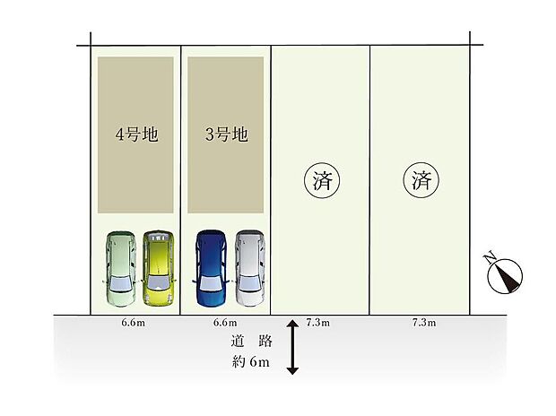 全体区画図
並列2台駐車もスムーズ。前面道路が6mと広いので、運転が苦手な方でも毎日の駐車がラクラクです。