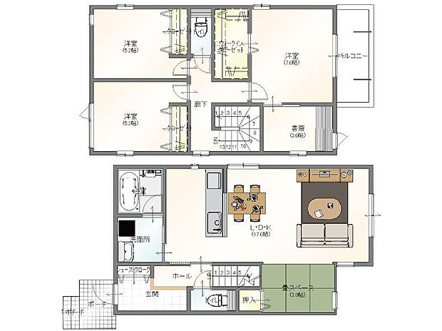 建物プラン例(1号地)3LDK+S、土地価格2250万円、土地面積107.06m2、建物価格1850万円、建物面積99.38m2
