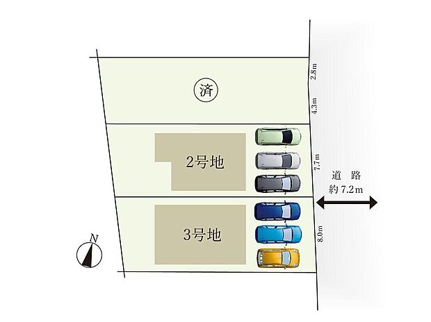 【全体区画図】接道は広々としているため、お車の出し入れやすれ違いもラクラクです。並列３台駐車可能。駐輪場としてもお使いいただけますね。