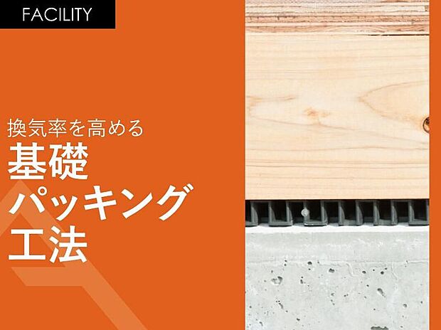 【換気率を高める「基礎パッキング工法」】土台と基礎の間にパッキンを敷き込んで換気率を高めます。
基礎の切り欠きが不要となるため、基礎を頑丈に保つことが可能となります。