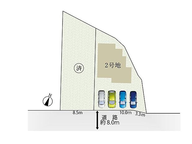 【全体区画図】並列4台駐車可能。駐輪場としてもご使用できますね。前面道路約8mと広々ですので、駐車やすれ違いもラクラクで快適に運転ができます。