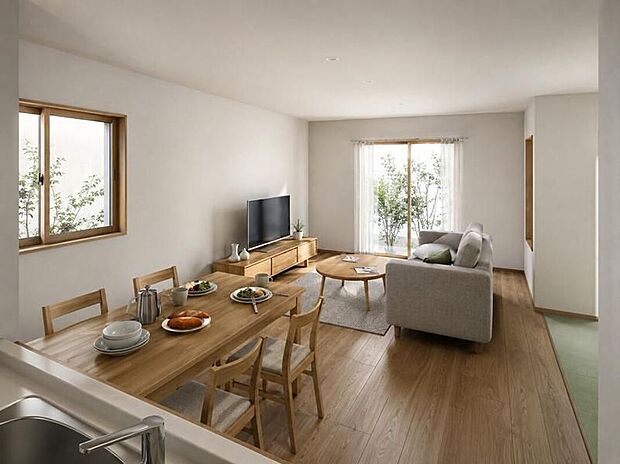 【建物プラン例(1号地・パース・内観)】建物価格1850万円、建物面積99.38m2
【LDK】キッチンからリビング全体が見渡せる開放的なレイアウト。お料理中もご家族やゲストとの会話が弾みます。