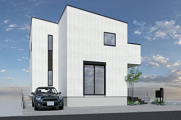 【4号地外観パース】
土間から吹き抜けを通してリビングや2階とつながることで、家族の気配を自然に感じることができます。2階にはワイドタイプのカウンターを設けました。