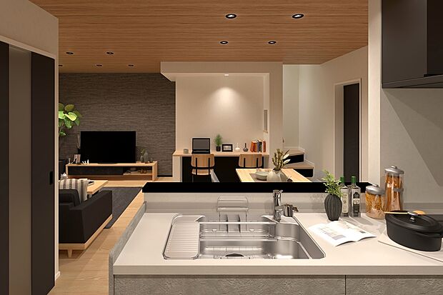 2号地内観イメージパース:キッチン
リビングカウンターやリビング全体をほどよい距離で見守ることができるキッチン。