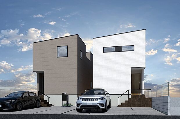 【連棟外観イメージパース(左側1号地、右側2号地)】
生活に便利な立地です。
回遊できる動線、リビングクローゼット、リビングカウンター等を設けた暮らしやすい住まい。