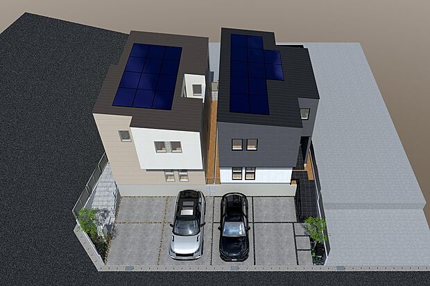 【連棟鳥瞰イメージパース(左側1号地、右側2号地)】
太陽光システム搭載!停電時にも安心です。