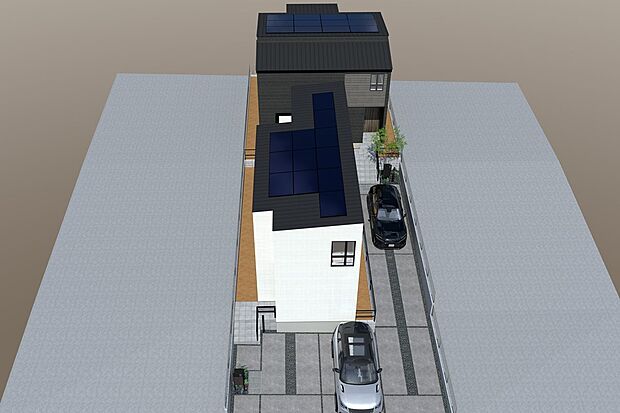 【連棟鳥瞰イメージパース(奥側より1号地、2号地)】
猪高緑地　徒歩3分、自然を身近に感じられるロケーション。太陽光システム搭載。電気料金の高騰や、災害時への備え、自然エネルギー有効理由などの意識の高