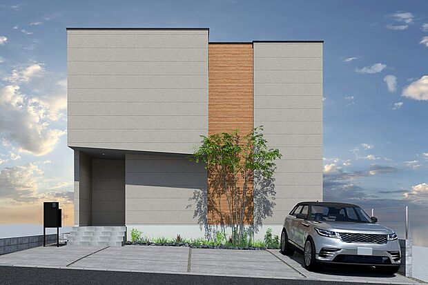 【2号地外構イメージパース】
広々としたお庭や、並列3台駐車可能なゆとりある敷地。キッチンからはリビング全体とウッドデッキ、お庭が眺められます。