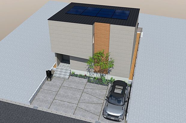 【2号地鳥瞰イメージパース】
3帖のタタミコーナー、リビング吹き抜け、広々とした洗面室、納戸等を設けたデザイナーズハウスです。