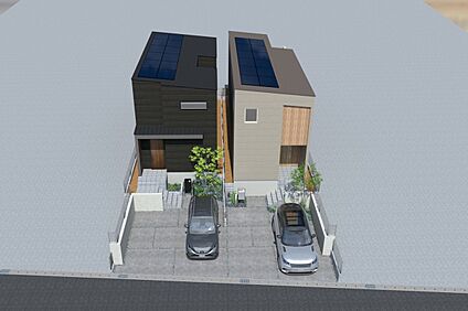 【連棟鳥瞰イメージパース(右側1号地、左側2号地)】