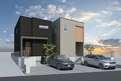 【連棟外観イメージパース(右側1号地、左側2号地)】