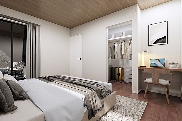 CGパース/1号地内観(イメージ)
主寝室内に、カウンターを設けました。ワークスペースとして利用しても便利です。寝室は、眠る時以外、人の出入りが無い場所なので、集中しやすく作業がはかどります。